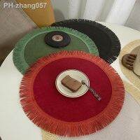 1pc Round Fringed Jute Placemat Nordic Linen Ins Wind Simple Christmas Round Table Mat Protection Heat Insulation Non-slip Mat