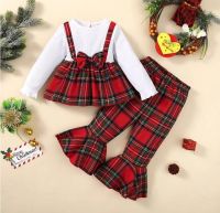 Christmas Outfits For Kids Baby Clothes Girl Plaid Print Bow Long Sleeve Shirts Tops And Flared Pants 2Pcs/Set Boutique Clothing