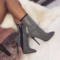 Women Ankle Boots Plus Size 35-42 Rhinestones High Heels Shoes Woman Zip Pointed Toe y Motorcycle Boots For Females 2019