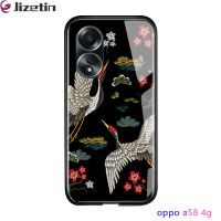 Jizetin A58 OPPO 4G เคสฝาหลังกระจกเทมเปอร์ลายการ์ตูนสไตล์จีนสุดหรูดีไซน์ปลาคาร์พKOI เคสมันวาวกันกระแทก