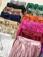 14-color spring summer satin pleated skirt pure color pearlescent drape high waist a-line skirts women belted long skirt elegant