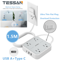 Type C Adapter Flat Extension Cord Power Strip with 1 USB C + 2 USB A, TESSAN 5 ft Ultra Thinwith Multi Outlet extender USB C Charger(1 USB C Port), 14 Outlets Slim Desk Charging Station with Switch Compact Plug for Home Office  Dorm Room Essentials