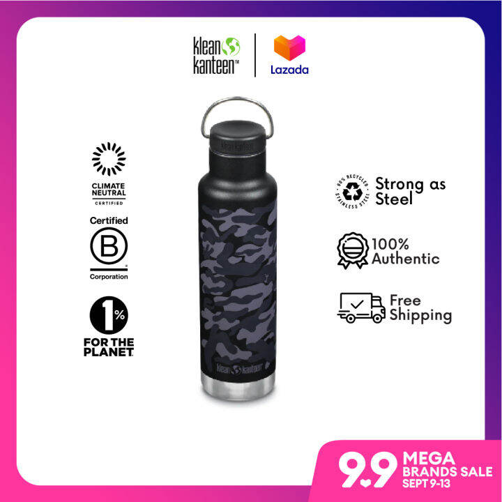 Klean Kanteen Classic Insulated Stainless Steel Tumbler with Loop Cap, Narrow Mouth 20oz Black