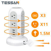 TESSAN 1.5M สายต่อ Telescopic Ultra Slim ตัวป้องกันไฟกระชาก 11 ช่องพร้อมสถานีชาร์จ USB 3 ช่อง ปลั๊กไฟสายไฟแบบแบน 1050J เครื่องใช้สำนักงานอุปกรณ์โต๊ะทำงานจำเป็นสำหรับหอพัก