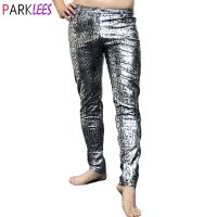 Mens 70S Disco Dance Stage Pu Leather Pants Sexy Leopard Metallic Stretch Trousers Mens Nightclub Party Prom Pantalones Hombre