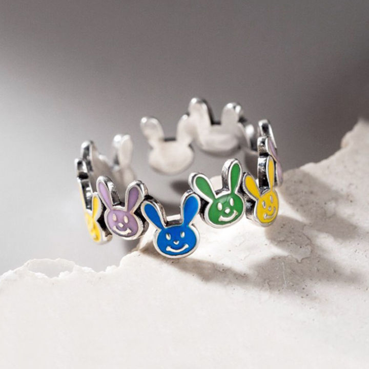 แหวนกระต่ายสีสันผู้หญิงแบบไม่สม่ำเสมอ-แหวนย้อนยุคเรียบง่าย925เงินสเตอร์ลิงวันเกิดทำมือสไตล์