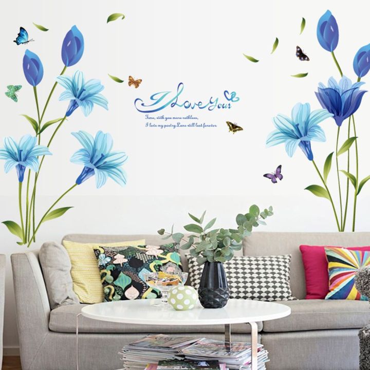 Large 3D Blue Flowers Wall Art Stickers Removable Home Decor Bedroom Vinyl  Mural