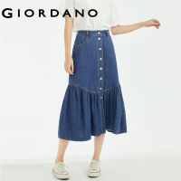 GIORDANO Women Skirts Pleated Fishtail Metal Buttons Denim Skirts 100% Cotton Lightweight Fashion Casual Denim Skirts 18463606