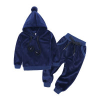 Kids Boys Girls Velvet Plush Ball Hooded Clothing Set Kids Hoodies Pants Suit Solid Casual Tracksuit Toddler Children 2 Pcs Sets