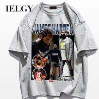 IELGY เสื้อยืดแขนสั้นผู้ชาย,เสื้อบาสเก็ตบอลแข็งพิมพ์ลายเสื้อแบบหลวมสไตล์ตามท้องถนนอเมริกัน