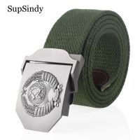 【HOT】 SupSindy New Canvas Soviet Emblem Metal Buckle Jeans Belts for Men Tactical Male