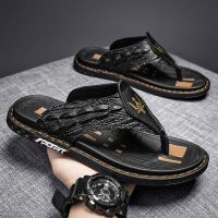 WEH Handmade Flip Flops Crocodile Grain Slippers 2023 Summer Men Casual Shoes Non-slip Outdoor Men Beach Shoes Leather Sandals