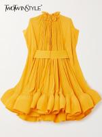 【YF】 TWOTWINSTYLE Pleated A Line Dresses For Women Round Neck Short Sleeve High Waist Spliced Irregular Hem Solid Dress Female Summer