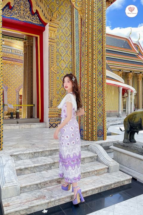 maria-diamond-สีม่วง-nubdao-thaijitrada-dress-ชุดไทยประยุกต์-ชุดไทย2ชิ้น-ชุดไทยพิมพ์ลาย