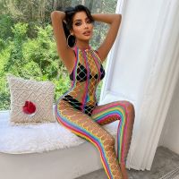 Female Lingerie Rainbow Cutout Mesh Crochet Dress Elastic Swimwear Hollow Fishing Net Sexy Tight Color Strip Porn Underwear Robe