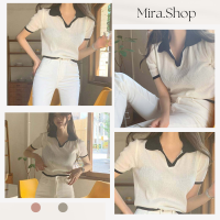 Mira-shop เสื้อไหมพรมคอปกแขนสั้น เสื้อสีสุภาพ น่ารักเกาหลีสุดๆ เสื้อยืด  5694