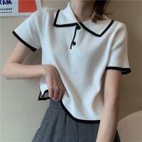 [Real Photo] 2021 Korean Ins Slim Slimming Contrast Color Lapel Short-sleeved T-shirt Sweater with Top