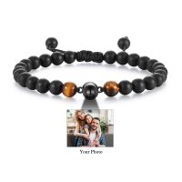 Personalize Women Men Beads Charm Bracelet Custom Your Photo Bangle Adjustable Stackable Jewelry Gift for Father Dad Grandpa Son