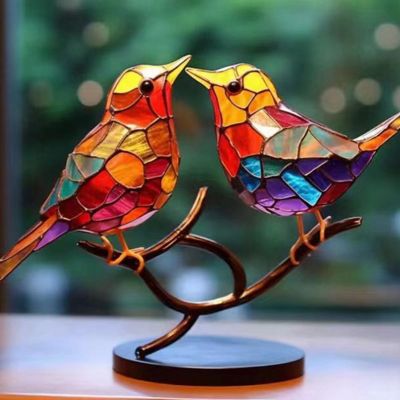 Stained Glass Birds on Branch Desktop Ornaments,Double Sided Multicolor Style Birds Colors Ornaments