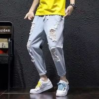 NGHG MALL-New trend distressed jeans for mens spring and autumn new straight tube Nine points pants, versatile casual pants