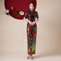 【 CW】Novelty New Sexy Velvet Beads Sequins Stage Show Cheongsam Dress R Chinese Slim Protocol Dress Fashion New Year Qipao