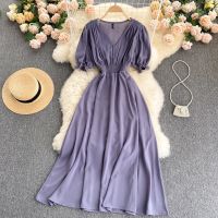 COD DSFGRDGHHHHH Korean Casual Dresses For Women V Neck Pleated Midi Platycodon Summer Dress