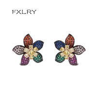 FXLRY High Quality Colorful Cubic Zirconia Flower Stud Earring For Women Jewelry