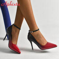 Aphixta ใหม่10ซม. Stiletto รองเท้าส้นสูง Gradient ปั๊มรองเท้าผู้หญิงสิทธิบัตรหนังสายรัดข้อเท้า Super High Pointed Toe Super Big 48 49 50