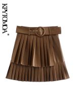 KPYTOMOA Women Fashion With Belt Faux Leather Pleated Mini Skirt VIntage High Waist Side Zipper Female Skirts Mujer