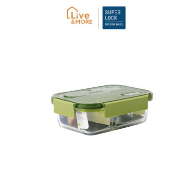 Super Lock ซูเปอร์ ล็อค กล่องใส่อาหารแก้ว กล่องข้าว มีช่องแบ่ง 3 ช่อง พร้อมช้อนส้อม ความจุ 950 มล. ปราศจากสารก่อมะเร็ง (BPA Free) รุ่น 6093