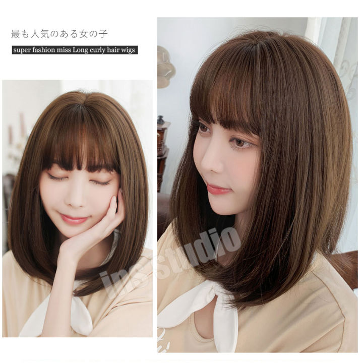 แบบตรงปลาย-หน้าม้าสไลด์บางสไตล์เกาหลี-งุ้มเข้าทรง-cala-wigs-wigs-black-ฟรีตาข่ายคลุมผม-วิกผมสั้นปะบ่า