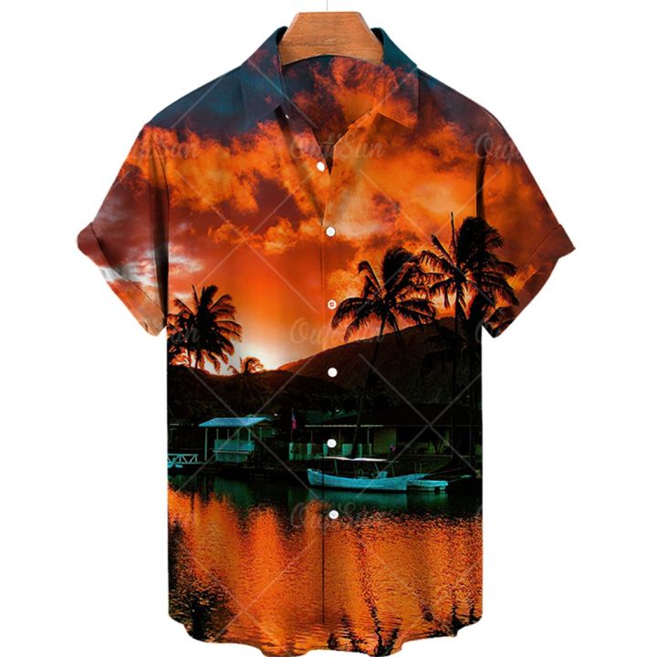 2023ใหม่-hawaii-looser-supersize-ผู้ชายใช้เสื้อเชิ้ตลำลองพักผ่อนดั้งเดิม-sufeng-beach-sunset-oversized-เสื้อผ้าที่นำเข้า