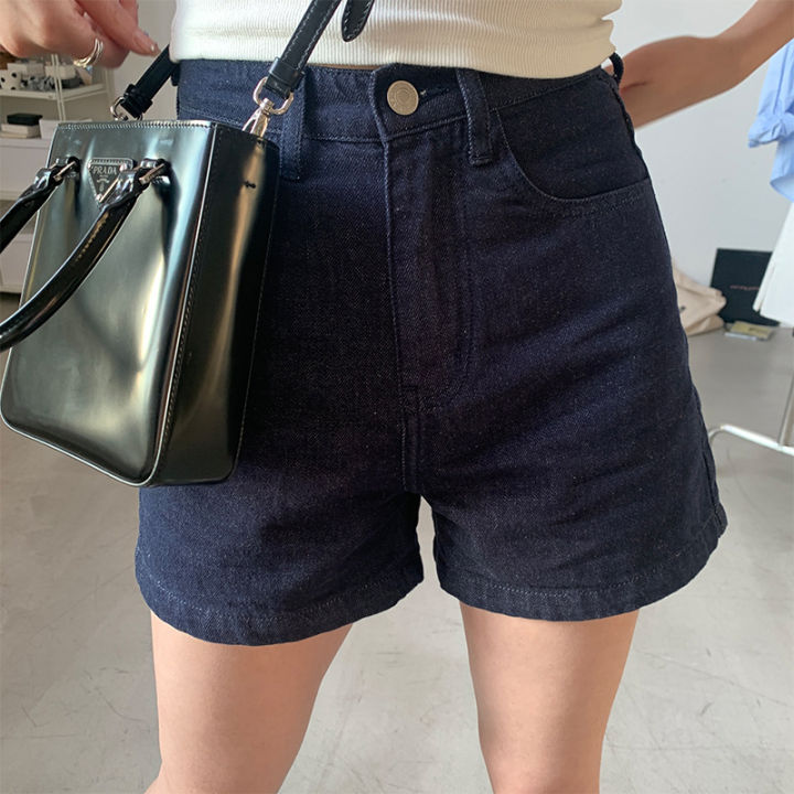nantao-กางเกงขาสั้นผ้ายีนส์ผู้หญิงเรียบง่าย-2023-ฤดูร้อนสไตล์เกาหลี-a-กางเกงลำลองทรงตรงเอวสูงใส่แล้วดูผอมสำหรับคนตัวเล็ก