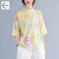 HOT”ไม่สม่ำเสมอ Vintage Chinoiserie เสื้อฝ้ายและผ้าลินินขนาดพิเศษการพิมพ์เส้นทแยงมุม Ramie Top