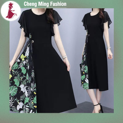 Cheng Mingcheng ชุดเดรสผ้าชีฟองแขนสั้นสำหรับผู้หญิงชุดเดรสแขนยาวปานกลางเฉิงคอกลมพิมพ์แขนสั้น