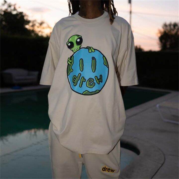 เสื้อยืดคอกลมแขนสั้นผ้าฝ้ายพิมพ์ลายการ์ตูนเอเลี่ยน Drew Tide House สําหรับผู้ชาย Lazada.co.th