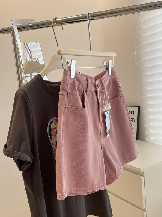 กางเกงยีนส์ขาสั้นเอวสูงราสเบอร์รี่สีชมพูเกาหลี-ฤดูร้อนแมทช์ลุคง่ายใส่แล้วดูผอม-a-คำขากว้างกางเกงลำลองกางเกงห้าส่วนผู้หญิง