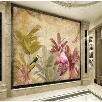 ☌ Custom wallpaper European retro banana tree flamingo background wall decoration waterproof material