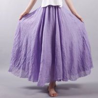 2023 Autumn High Quality Cotton Linen Maxi Skirt Womens New Casual Elastic High Waist Pleated A-Line Beach Skirts Feminina Jupe