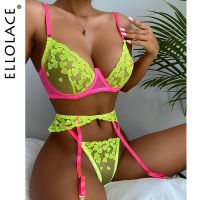 【LZ】✳☸  Ellolace-Neon Lace Lingerie Set Bordados em forma de coração Roupa Interior Erótica Patchwork Sensual Ligas de 3 Peças Conjuntos Breves