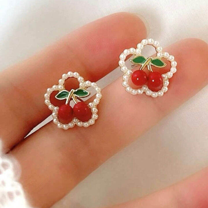 พร้อมส่ง-ต่างหูเชอรี่ล้อมมุกดอกไม้-ต่างหูแฟชั่น-ต่างหูสไตล์เกาหลี