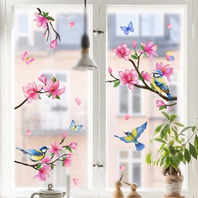 ❆ 2 szt. Gałęzie ptasi kwiat naklejki na szkło naklejki na okna tapety do pokoju dziecięcego dekoracja domu Mural naklejki ścienne Ct4037