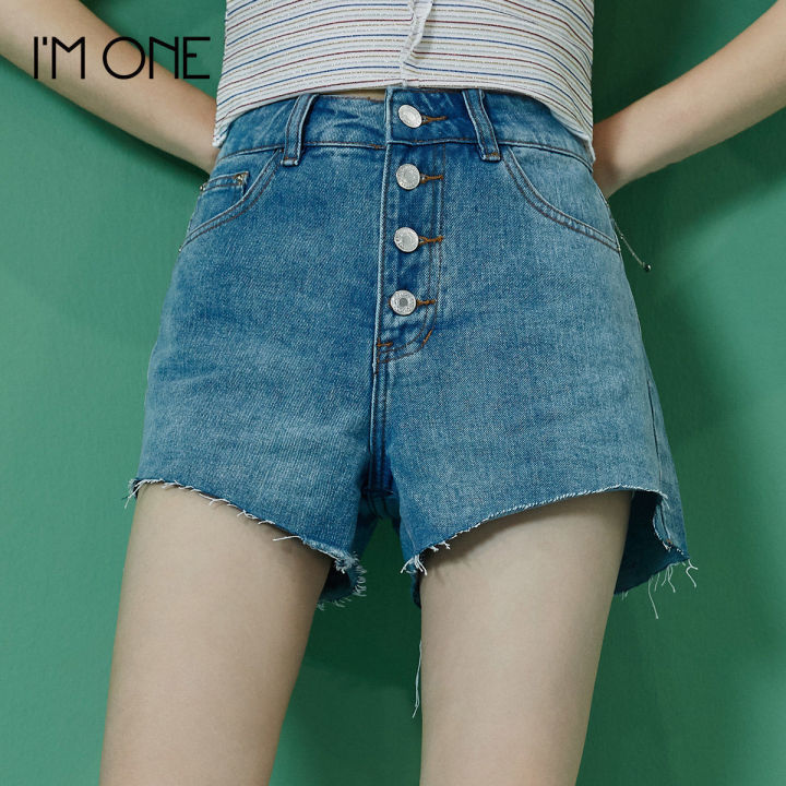 imone-กางเกงยีนส์กางเกงขาสั้นผู้หญิงกางเกงขาตรงแบบใหม่ฤดูร้อนผู้หญิงกางเกงร้อนลำลองขอบดิบดูผอมแมทช์ลุคง่าย