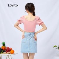 Lovito Romantic Plain Tie Front Puff Sleeve Skinny Blouses L11002 (Pink)