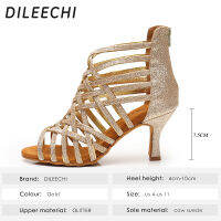 DILEECHI Latin Dance รองเท้าผู้หญิง Gold Glitter และ PU Salsa Dance รองเท้าผู้หญิงห้องบอลรูมเต้นรำรองเท้ารองเท้าแตะส้น75มม.