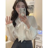 French style bow white shirt womens spring design sense niche temperament high-grade chiffon shirt long sleeve top