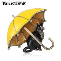 Blucome Enamel Black Cats Umbrella Shape Brooches Corsage Antique Gold Color Casual Party Vivid Animal Brooch Pins Gifts Bijoux