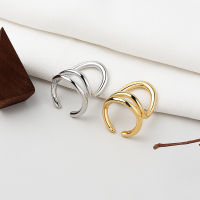 VENTFILLE 925เงินสเตอร์ลิงเวอร์ชั่นเกาหลีของ INS Double-Layer Line Glossy Simple Hollow Geometric Ring