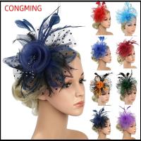 CONGMING อุปกรณ์ตกแต่งผม ค็อกเทล Fascinators ผม ดอกไม้ตาข่าย ที่คาดผมงานเลี้ยงน้ำชา หมวก fascinator ที่คาดผม ALICE กิ๊บติดผมขนนก