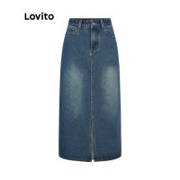 COD ⊙☬☃ qafh47 Lovito Casual Plain Washed Split Midi Women Denim Skirt L39AD079 (Blue)